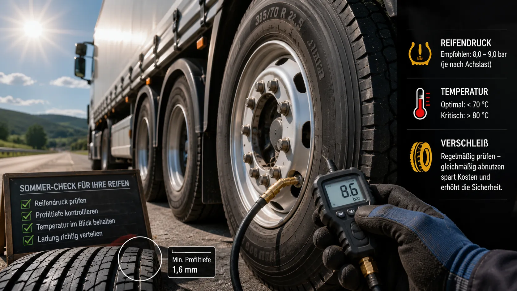 Read more about the article Lkw-Reifen im Sommer: Reifendruck, Temperatur und Verschleiß