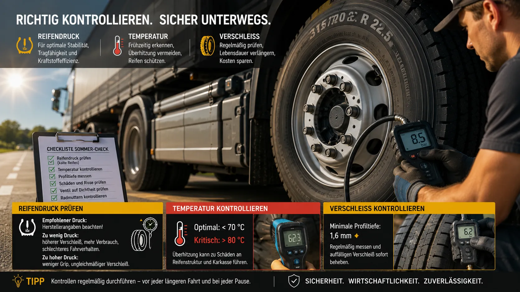 Read more about the article Lkw-Reifen im Sommer: Reifendruck, Temperatur und Verschleiß richtig kontrollieren