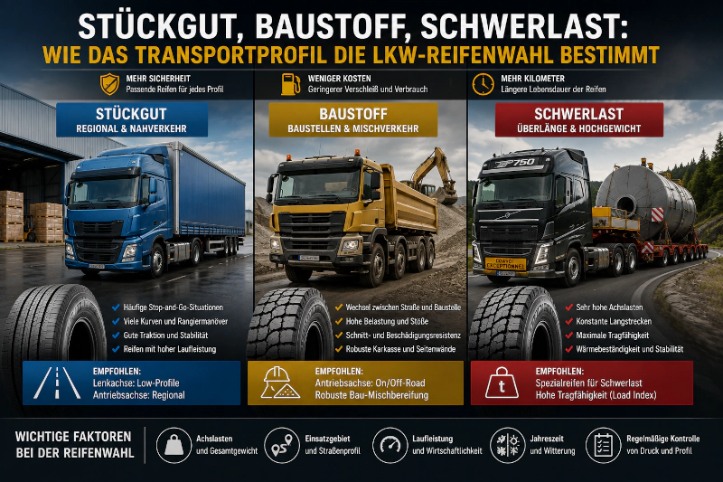 Read more about the article Stückgut, Baustoff, Schwerlast: Wie das Transportprofil die Lkw-Reifenwahl bestimmt
