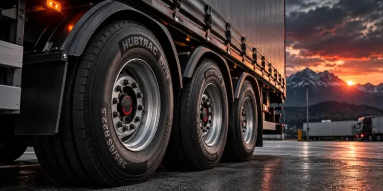 385/65 R22.5 Trailerreifen an einem dreiachsigen LKW-Auflieger – Hubtrac Reifen für den Gütertransport